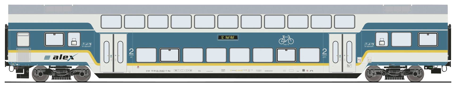 Double-decker train in blue and white design with yellow stripes. 'Alex' inscription visible. Bicycle symbol for bicycle compartment identifiable.