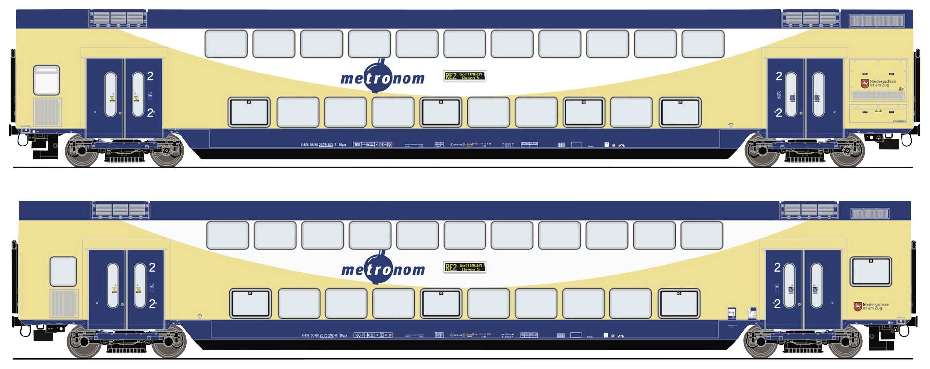 Two yellow and blue double-decker train carriages from the 'Metronom' brand, viewed from the side, with doors and windows.