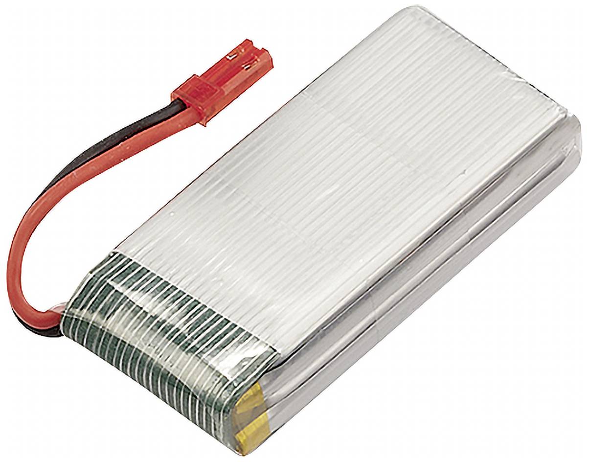 Silver lithium-polymer battery with two wires, red and black, and a red plug.