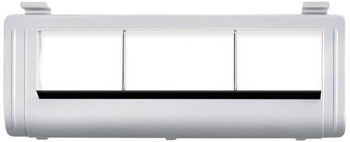Plastic container with a transparent window and two vertical dividers, likely for storage or presentation purposes.