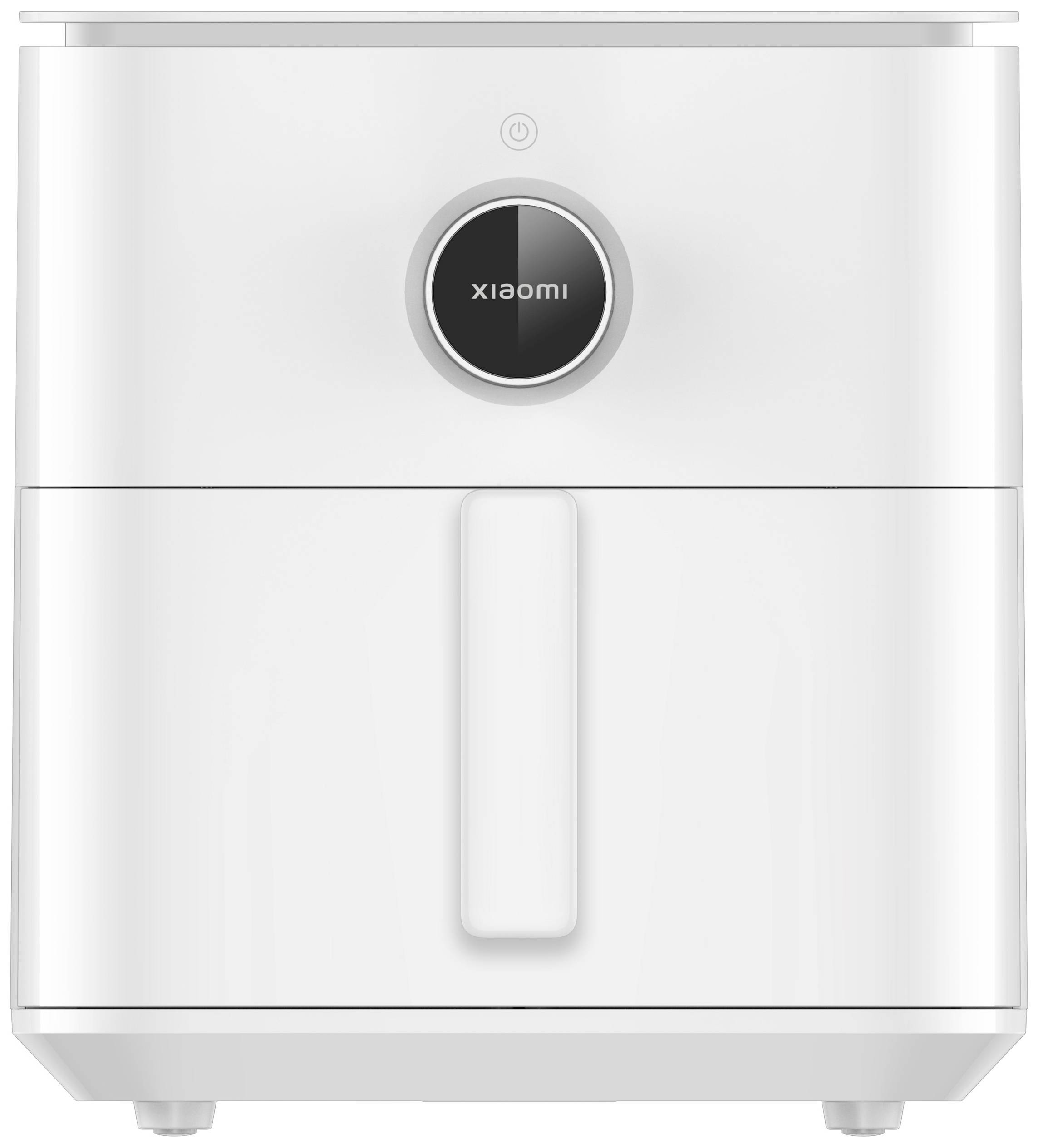 A white air fryer with a central control panel and a handle on the front side.