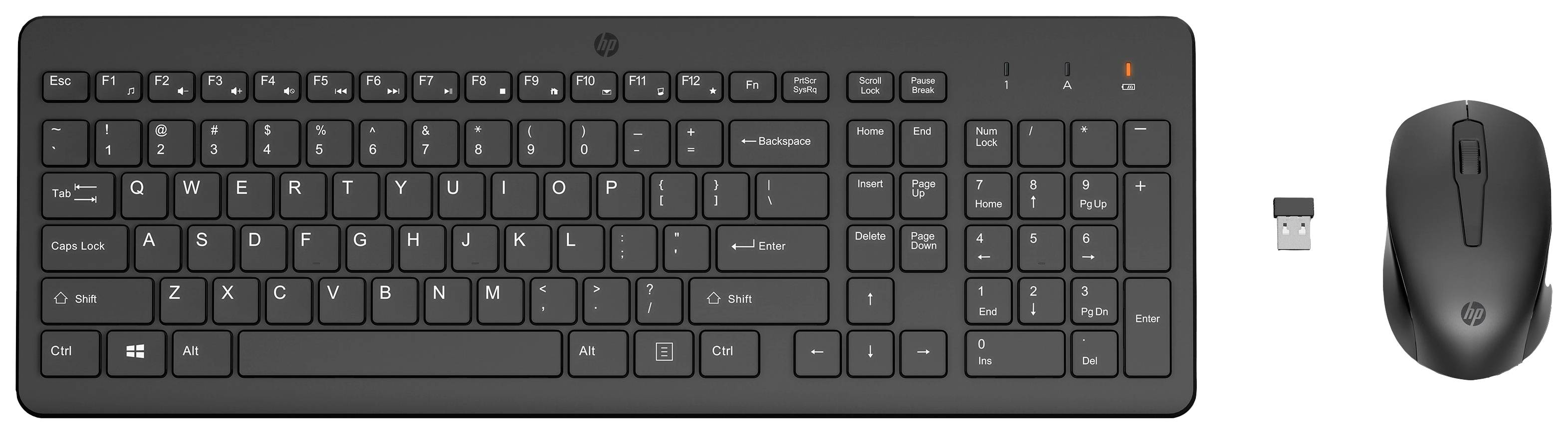 Wireless keyboard and mouse set in black, with USB receiver.