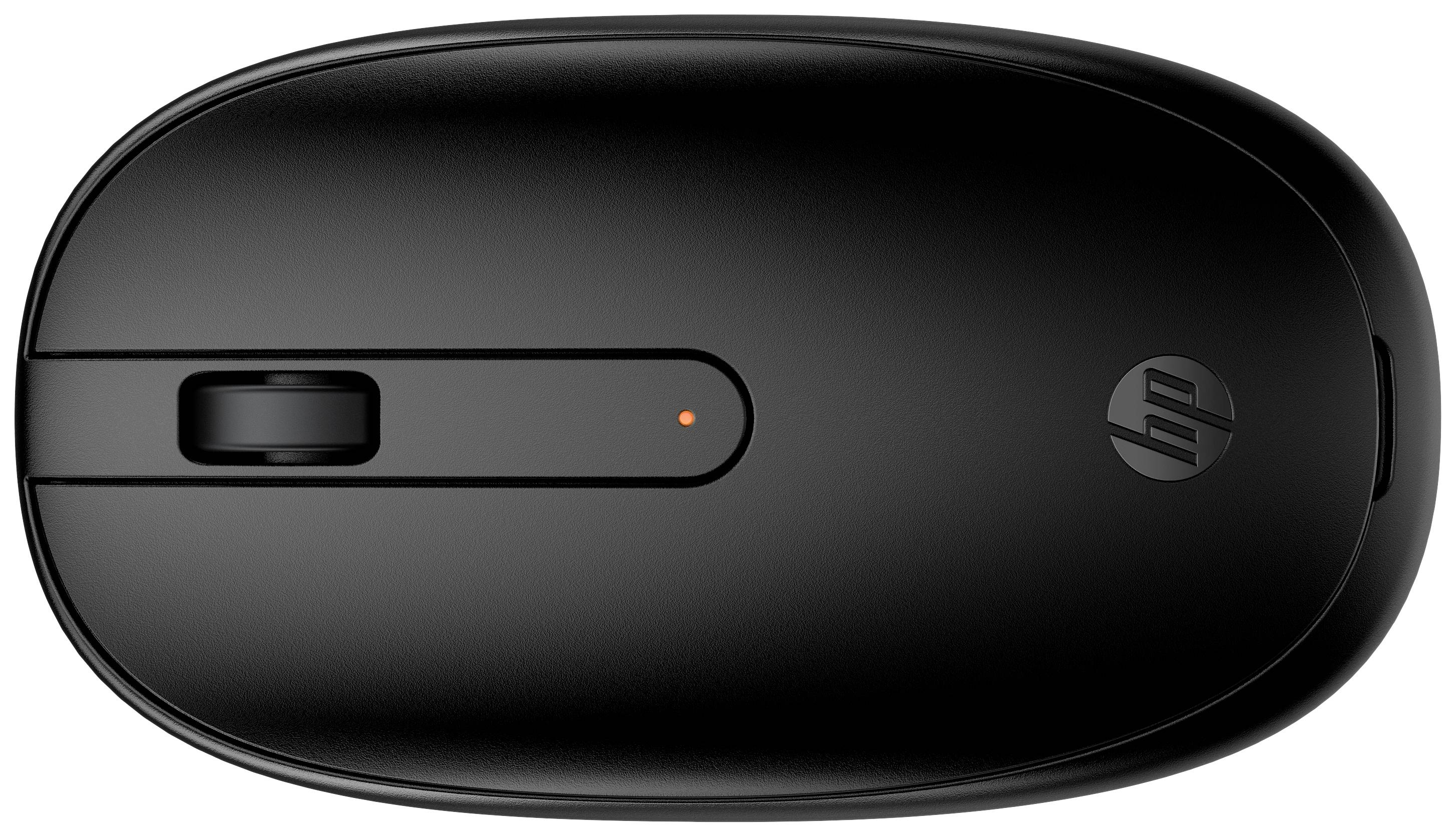 Black wireless computer mouse with a scroll wheel and a small orange light.