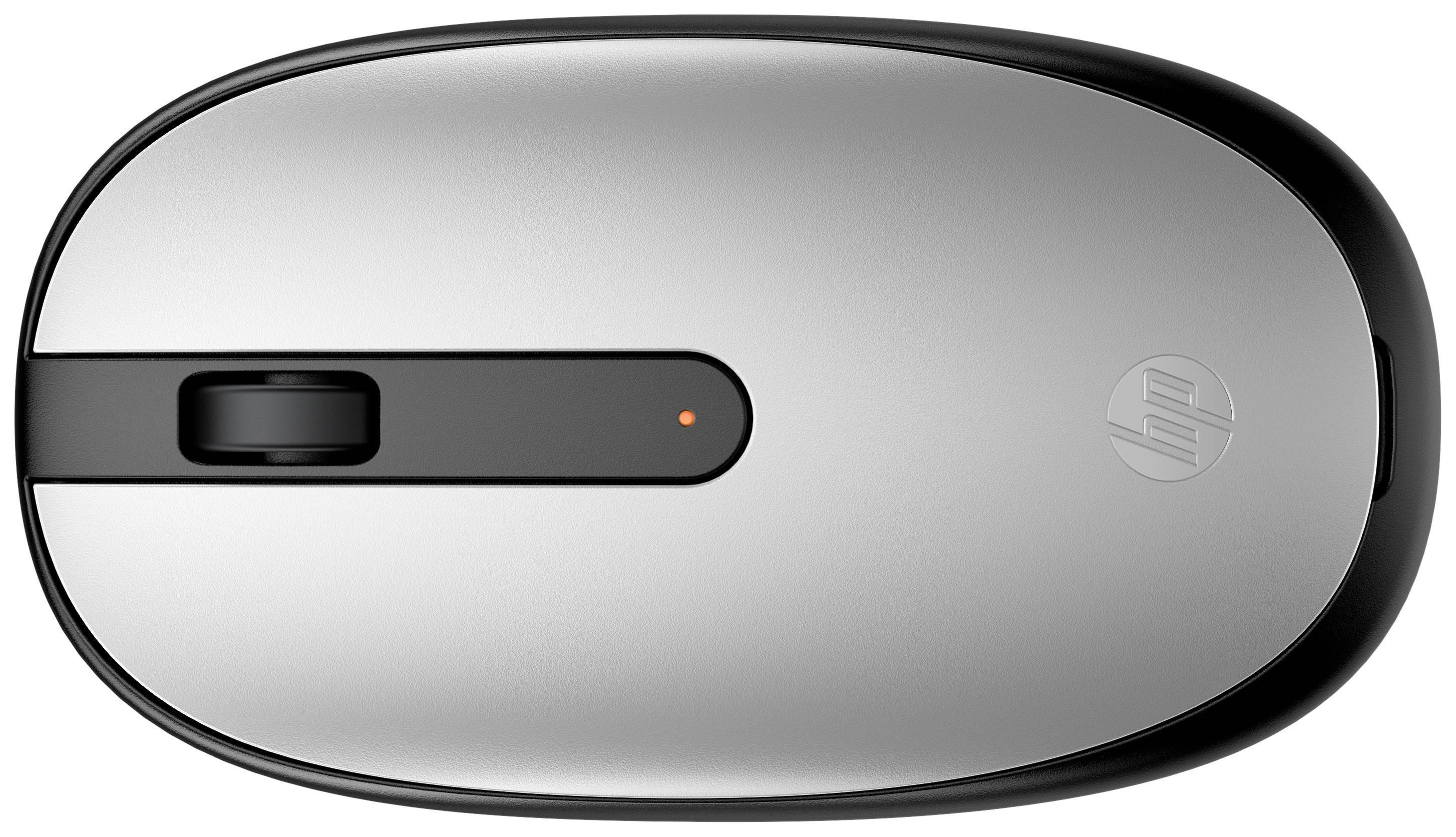 Silver, wireless computer mouse with a black scroll wheel and closed logo. Minimalist design, suitable for right hand.