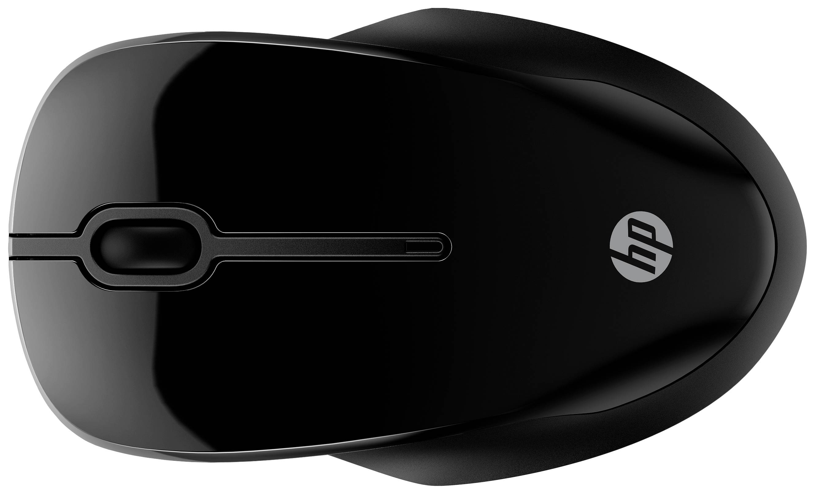 Black wireless HP mouse with glossy surface and logo, viewed from above. Product design for modern computer workstations.