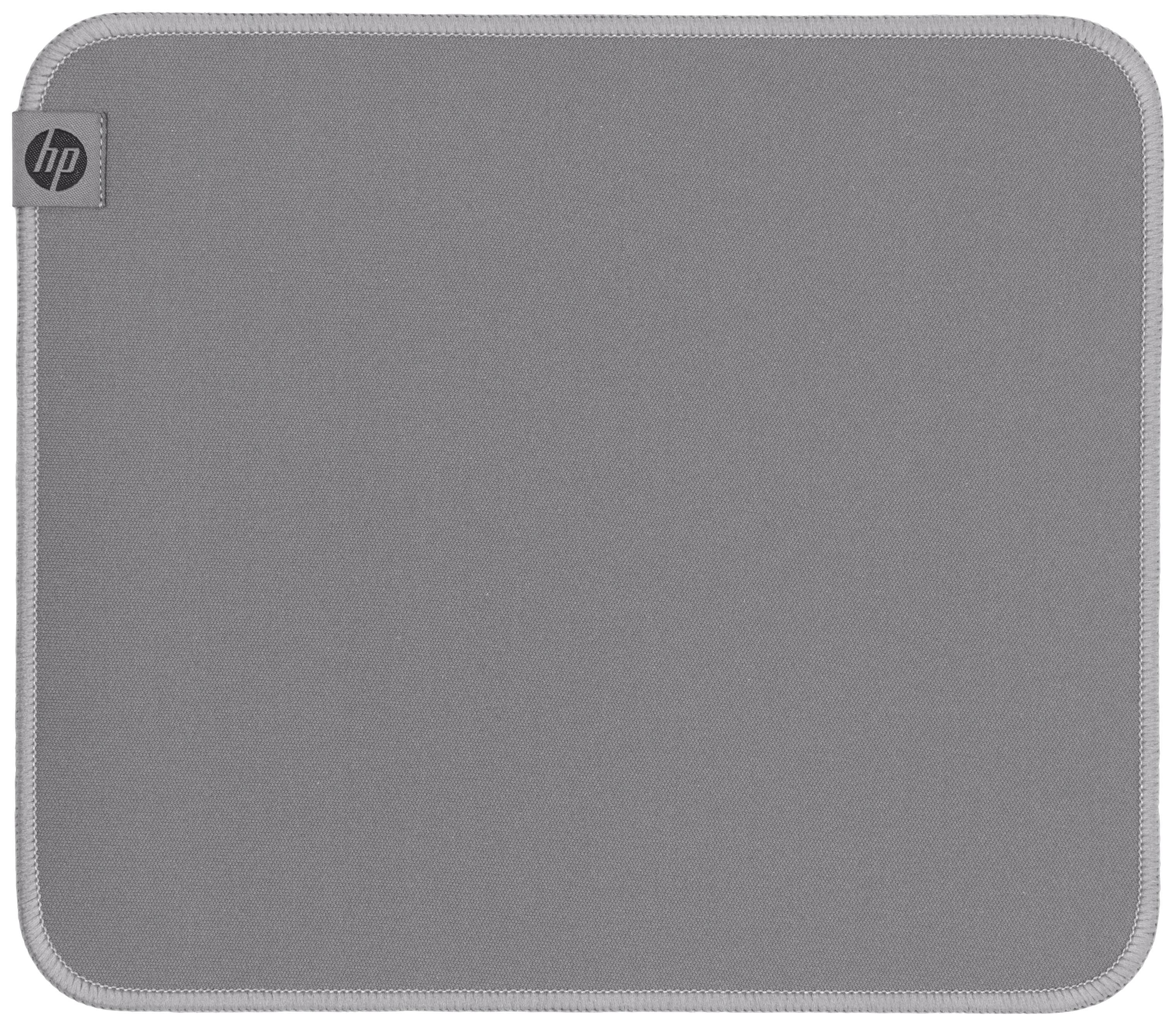 Grey-patterned, square HP mousemat with rounded corners, suitable for office and home computer applications.