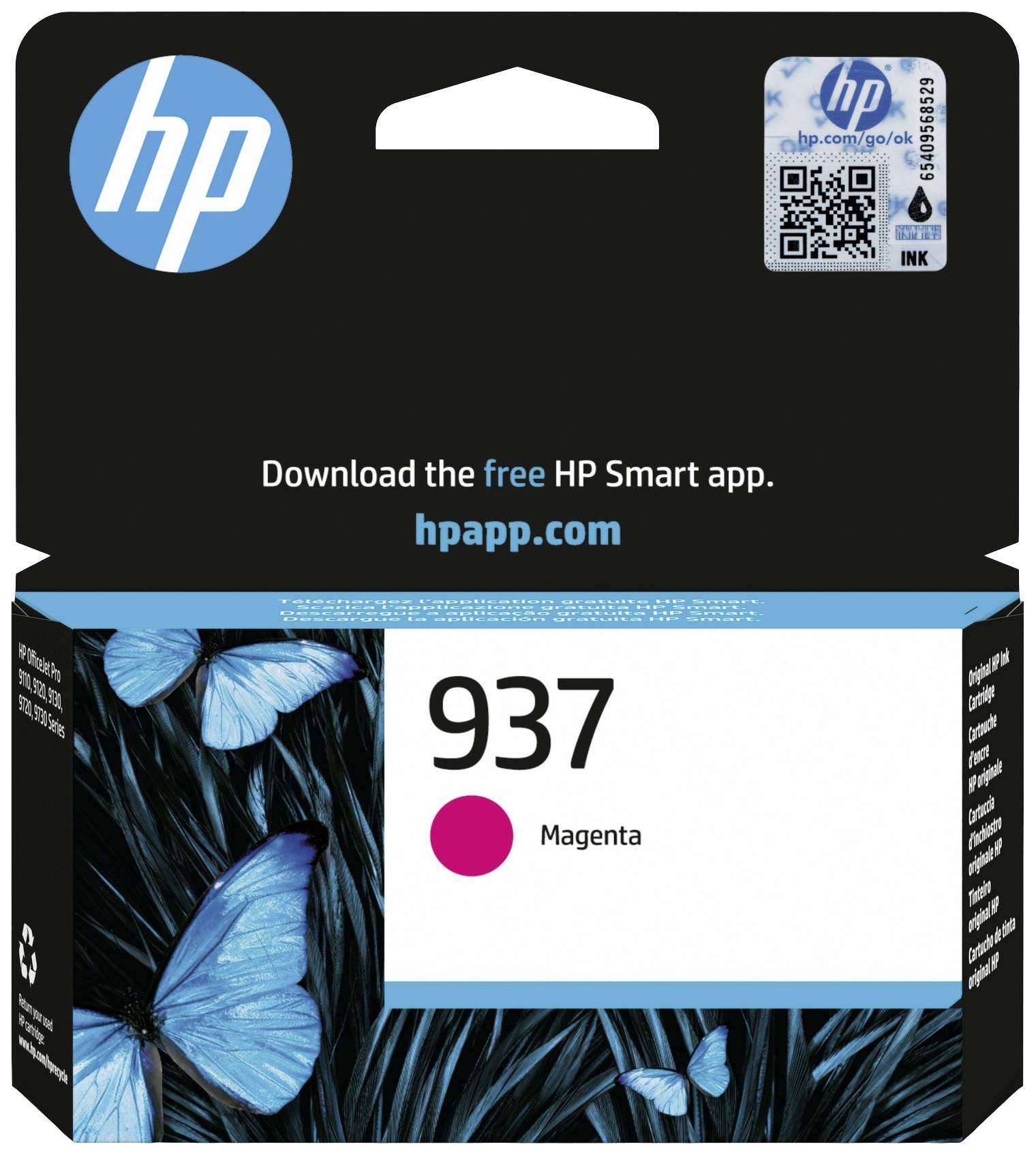 HP Printer Cartridge 937 Magenta Packaging with Butterfly Design. QR Code for Downloading the HP Smart App and Website Link 'hpapp.com'.