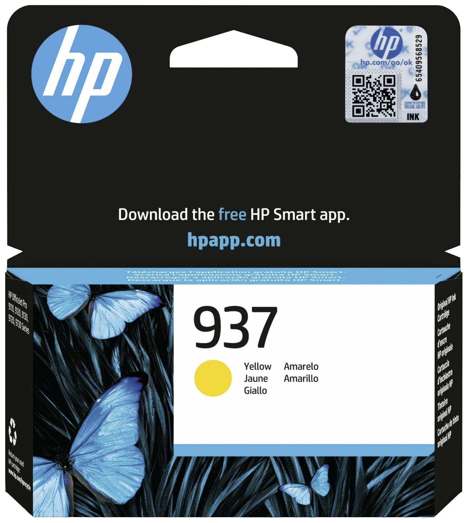 The packaging of a yellow HP printer cartridge No. 937 with images of blue butterflies on a black background.