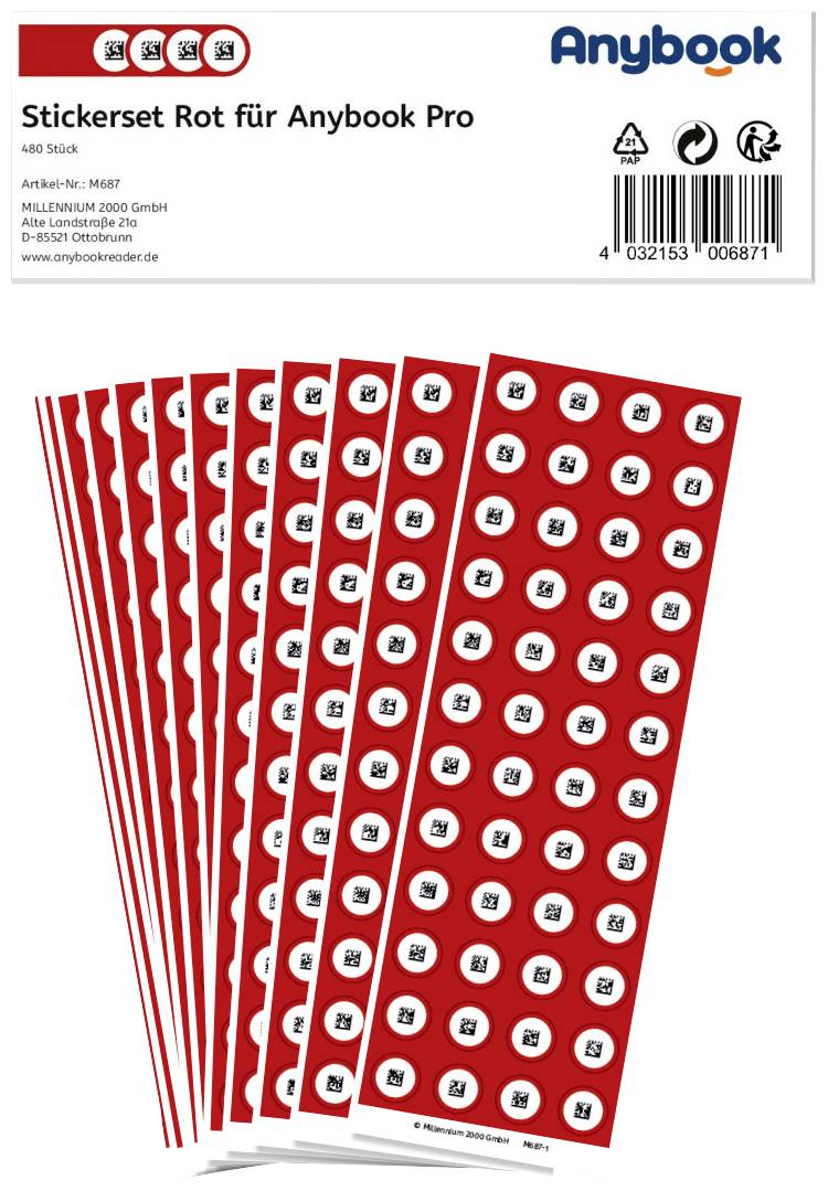 'Red Sticker Set for Anybook Pro.' Multiple strips with round, red stickers, numbered from 1 to 90. Contains barcode and contact information at the top.