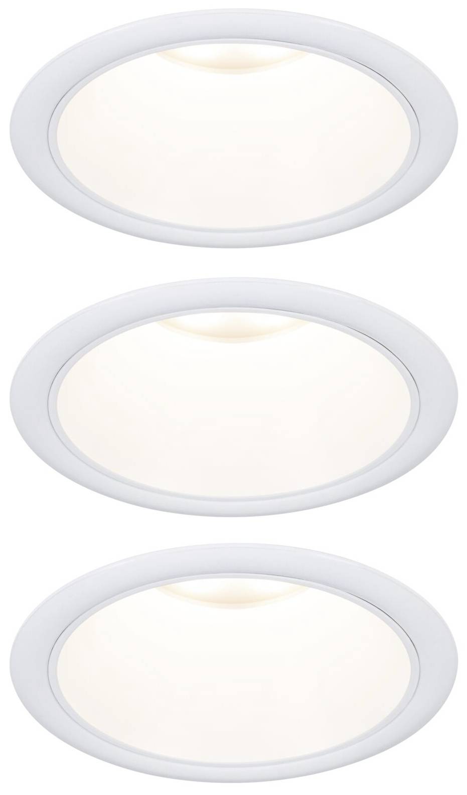 Three round, white ceiling lights, evenly distributed, glow softly and create a uniform illumination.