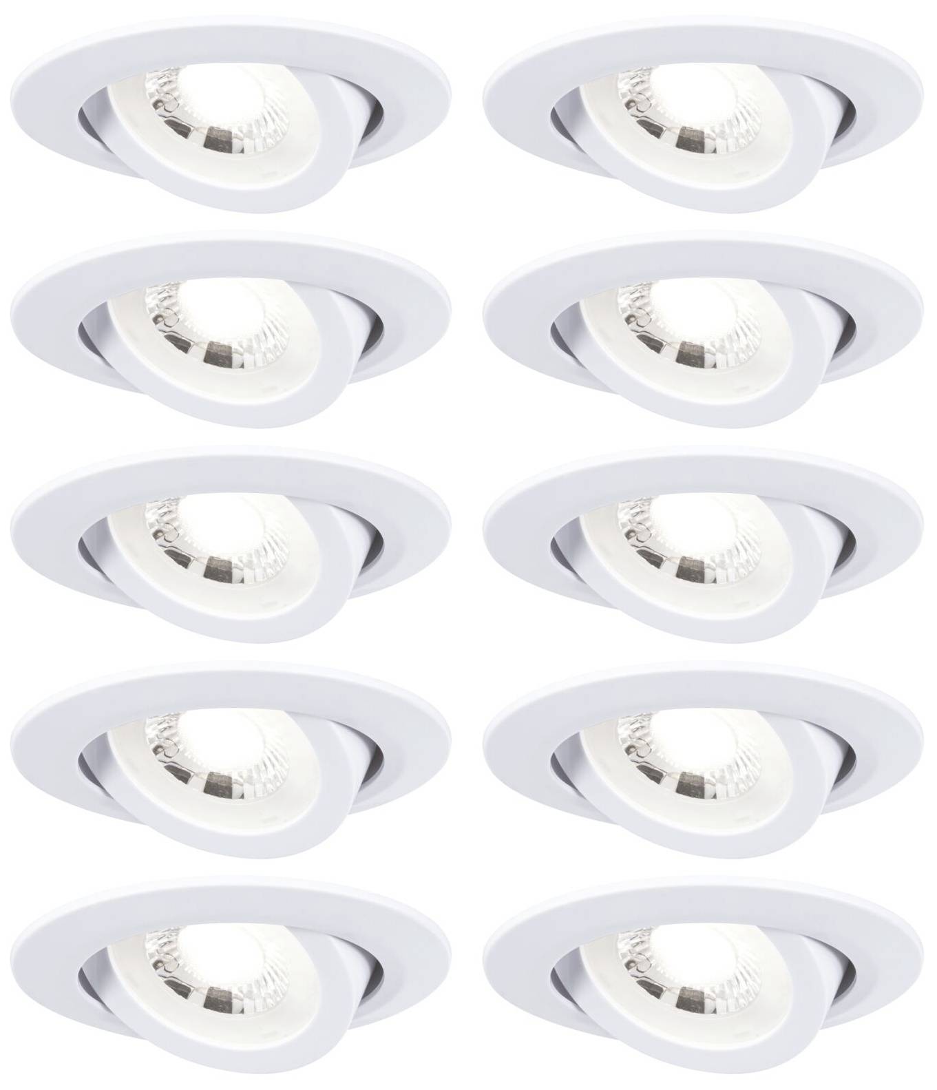 Ten white recessed spotlights with adjustable LED lamps, arranged in two columns. Suitable for modern lighting solutions.