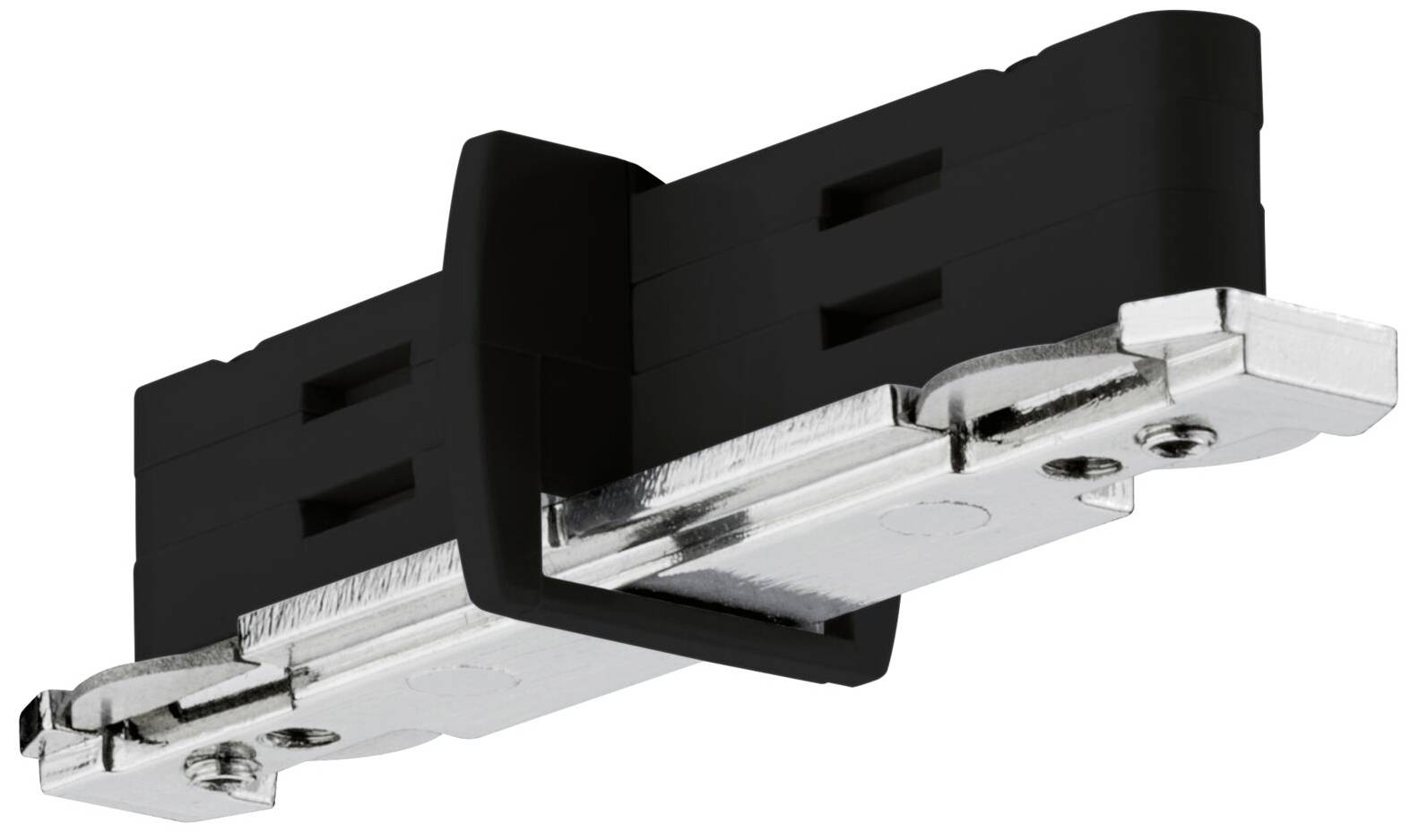 Black plastic component with silver metal elements, used for electrical connections or mechanical mountings.