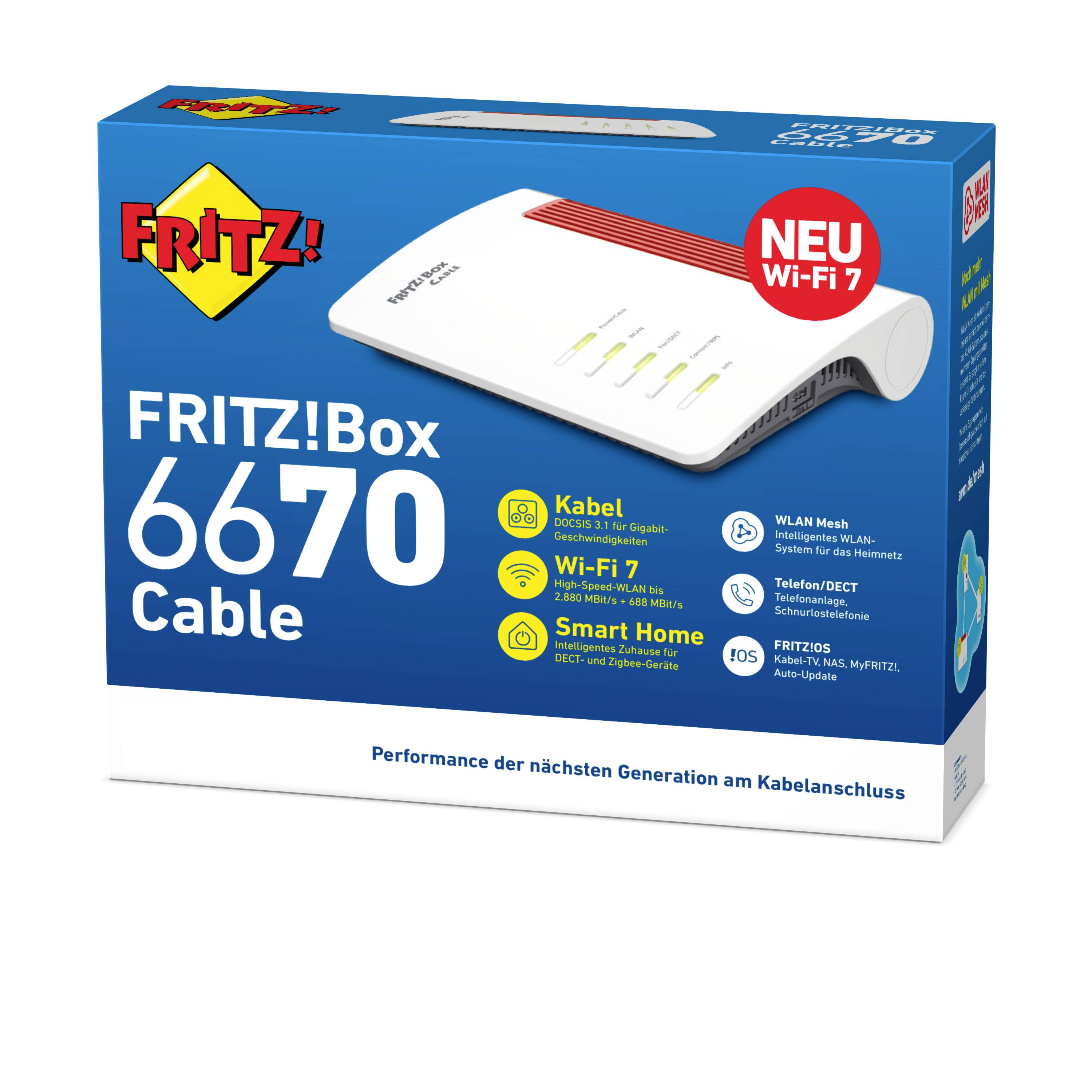 'FRITZ!Box 6670 Cable' packaging with an image of a Wi-Fi router. Text on the box emphasises: Mesh Wi-Fi, Wi-Fi 7, Smart Home, high speed.