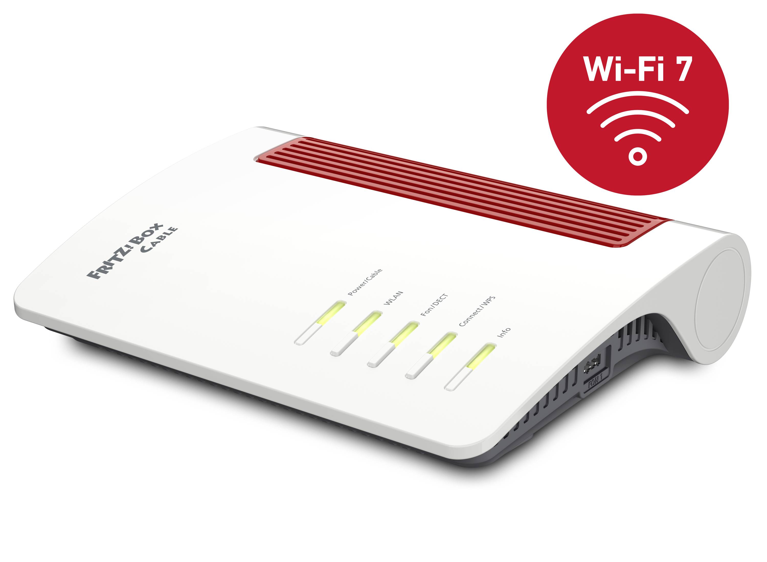A white router with a red accent, model 'FRITZ!Box Cable', displays LEDs for Power, Internet, Wi-Fi, Telephone, DECT. A 'Wi-Fi 7' icon is shown on the right.