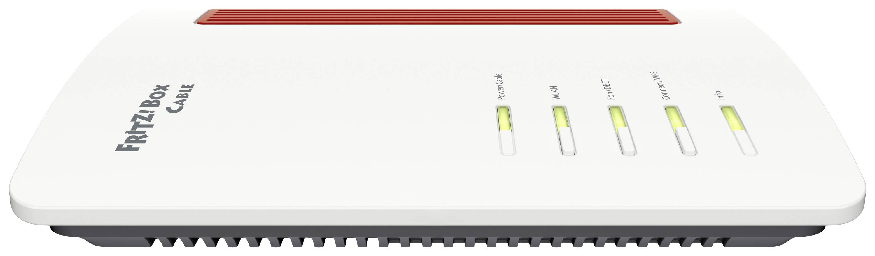 Broadband router in white with multiple status lights; red bar at the top indicates activity. Brand name on the left side of the top surface.