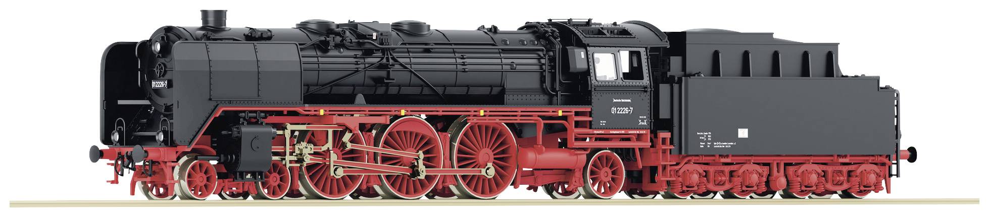 Black steam locomotive with red wheels and details, side view. Classic design with coal tender.