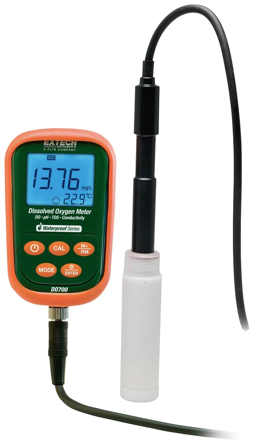 Portable oxygen meter with digital display, showing '13.76 mg/L at 22.9°C'. A sensor is connected.