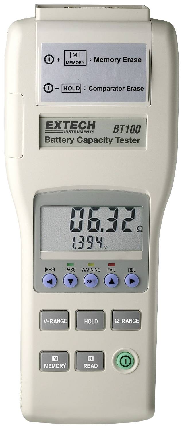Extech BT100 Battery Capacity Tester with display showing resistance value of 0.632 Ohms. Operational buttons for various functions.