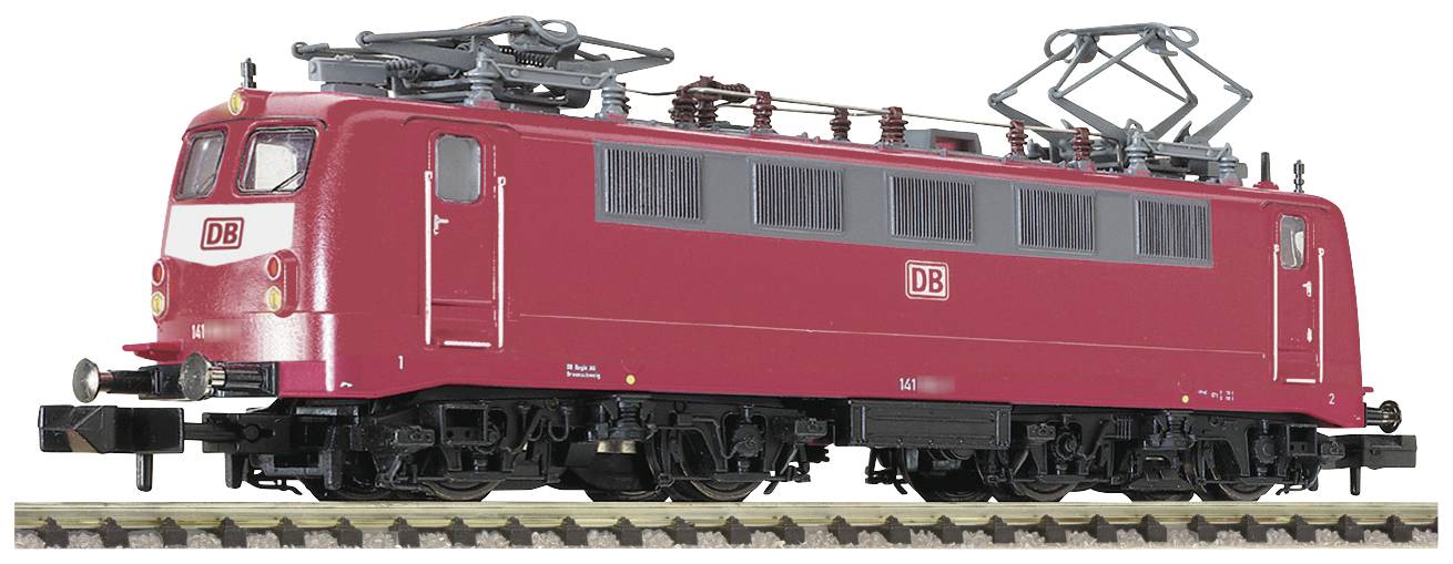 Red model train of Deutsche Bahn on track, with pantographs on the roof and black chassis.
