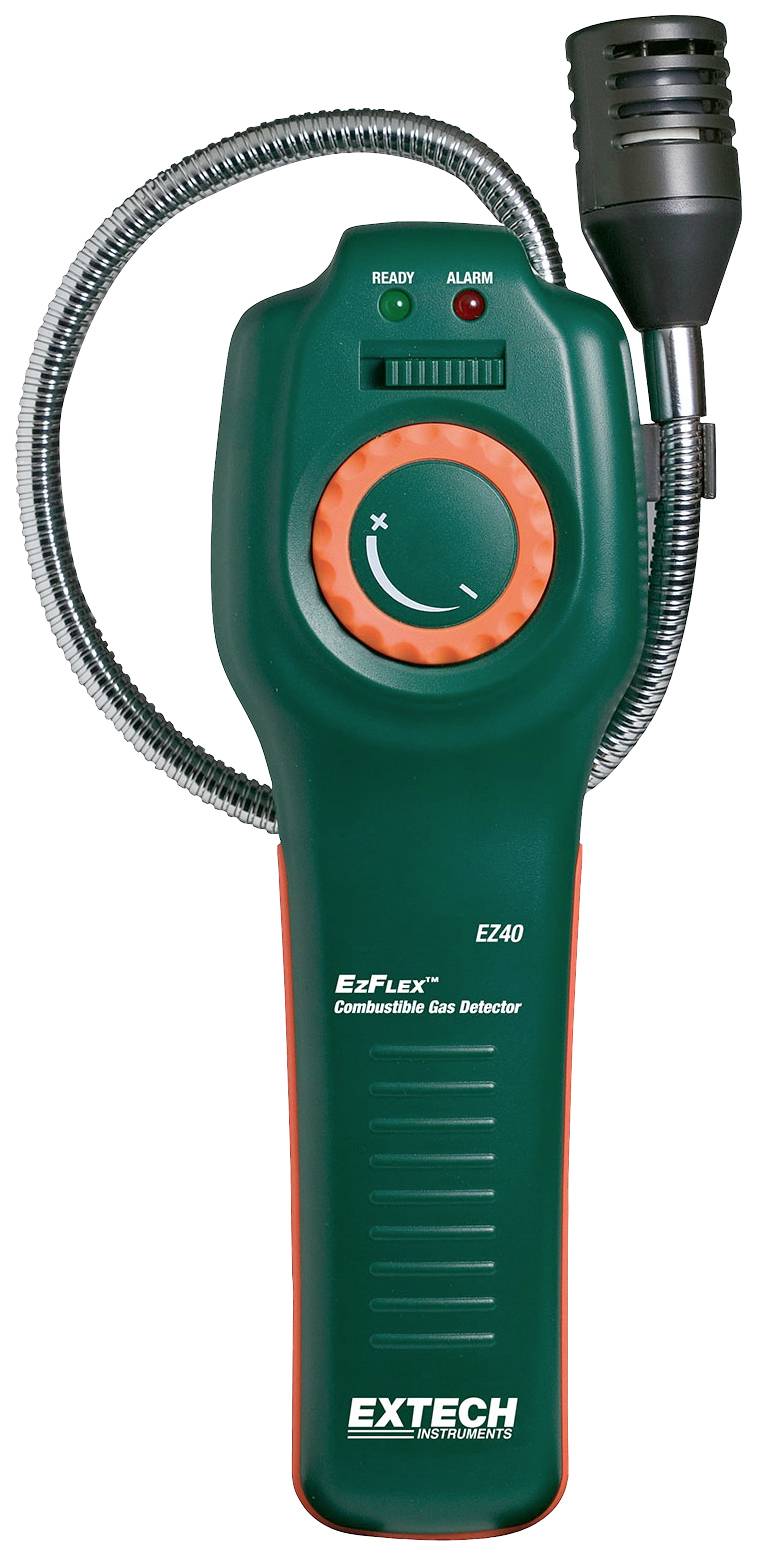 A portable gas detection device with a flexible neck, suitable for detecting combustible gases. LED indicators for operational status.