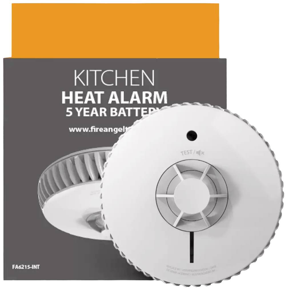 A heat detector with a 5-year battery. Suitable for kitchens, with test/mute function. Packaging displays website URL.