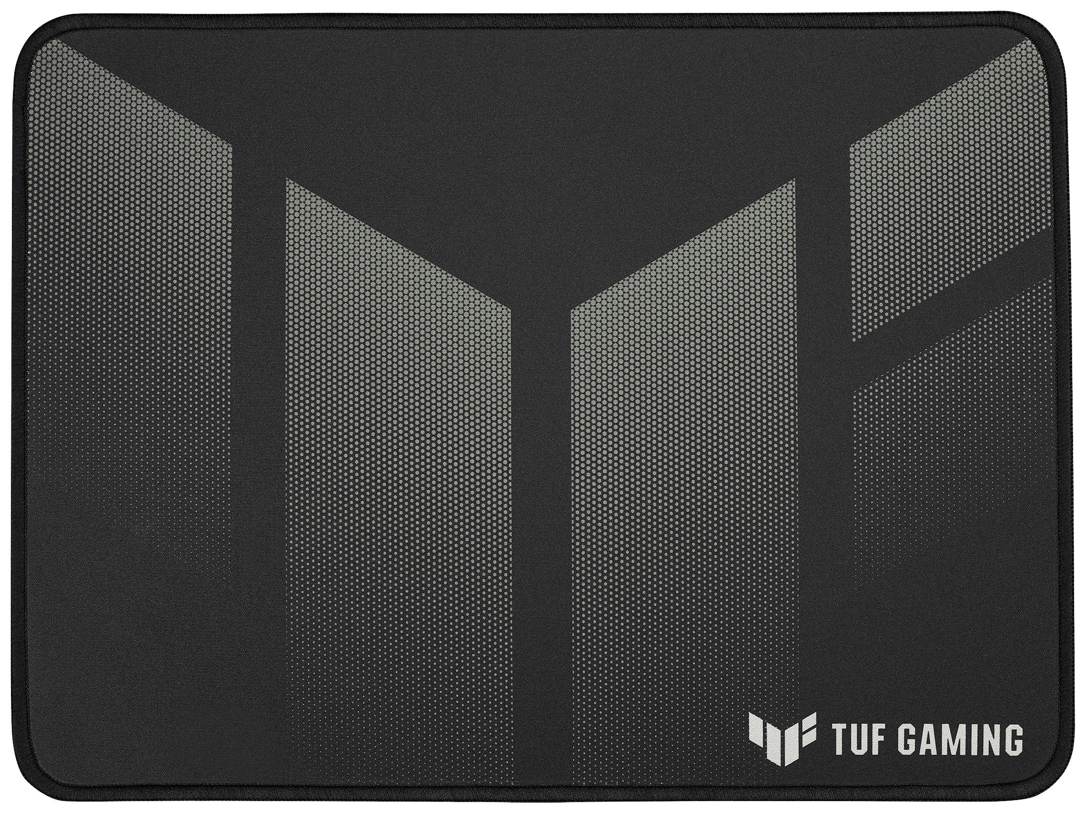 Black mousepad with grey, geometric pattern and the white 'TUF Gaming' logo in the bottom right corner.