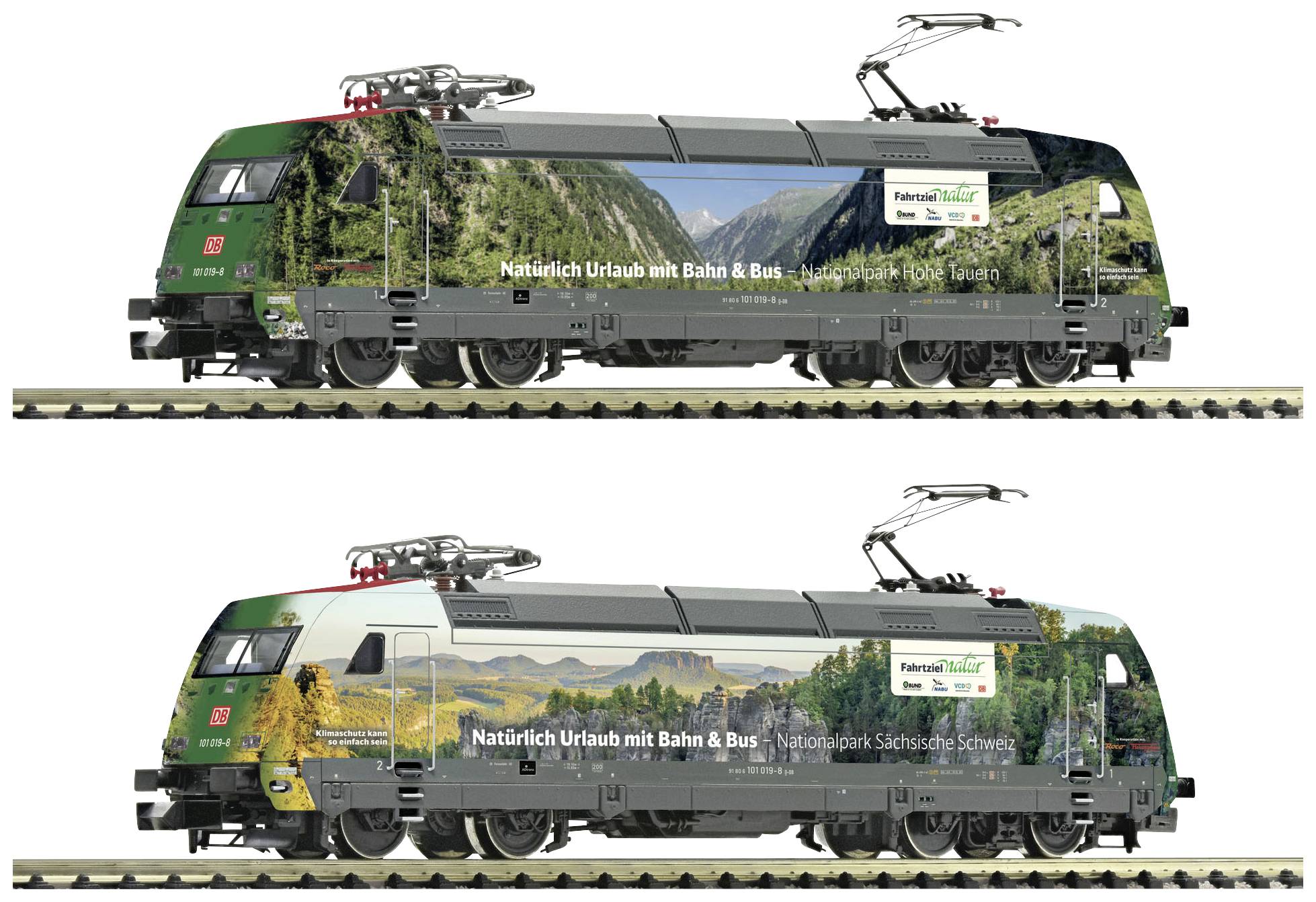 Two trains with landscape motifs are promoting 'Natural Holiday by Train & Bus' in Saxon Switzerland National Park.
