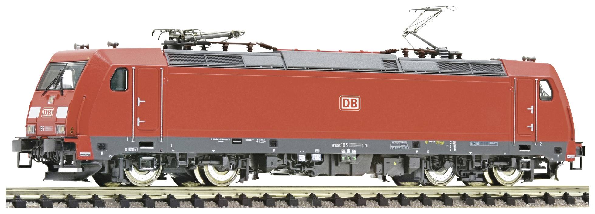 A red Deutsche Bahn train is standing on a railway track. The train has live pantographs on top, which are used for electric propulsion.
