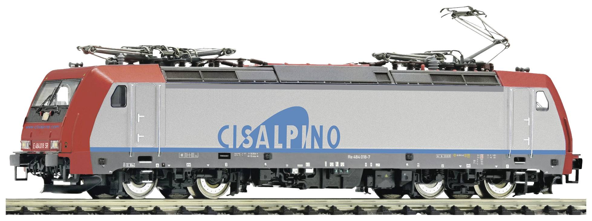 A model train from the Cisalpino brand on a track. The locomotive has a grey-red-blue colour scheme with pantographs on top.