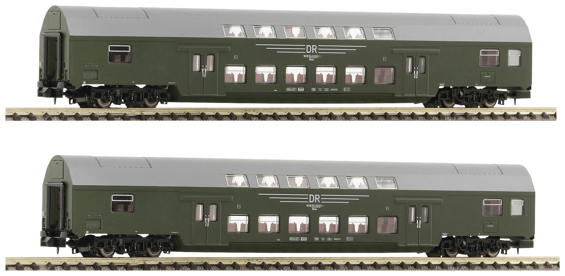Two green, double-decker model railway carriages on tracks, with the inscription 'DR'. Windows and details clearly visible.