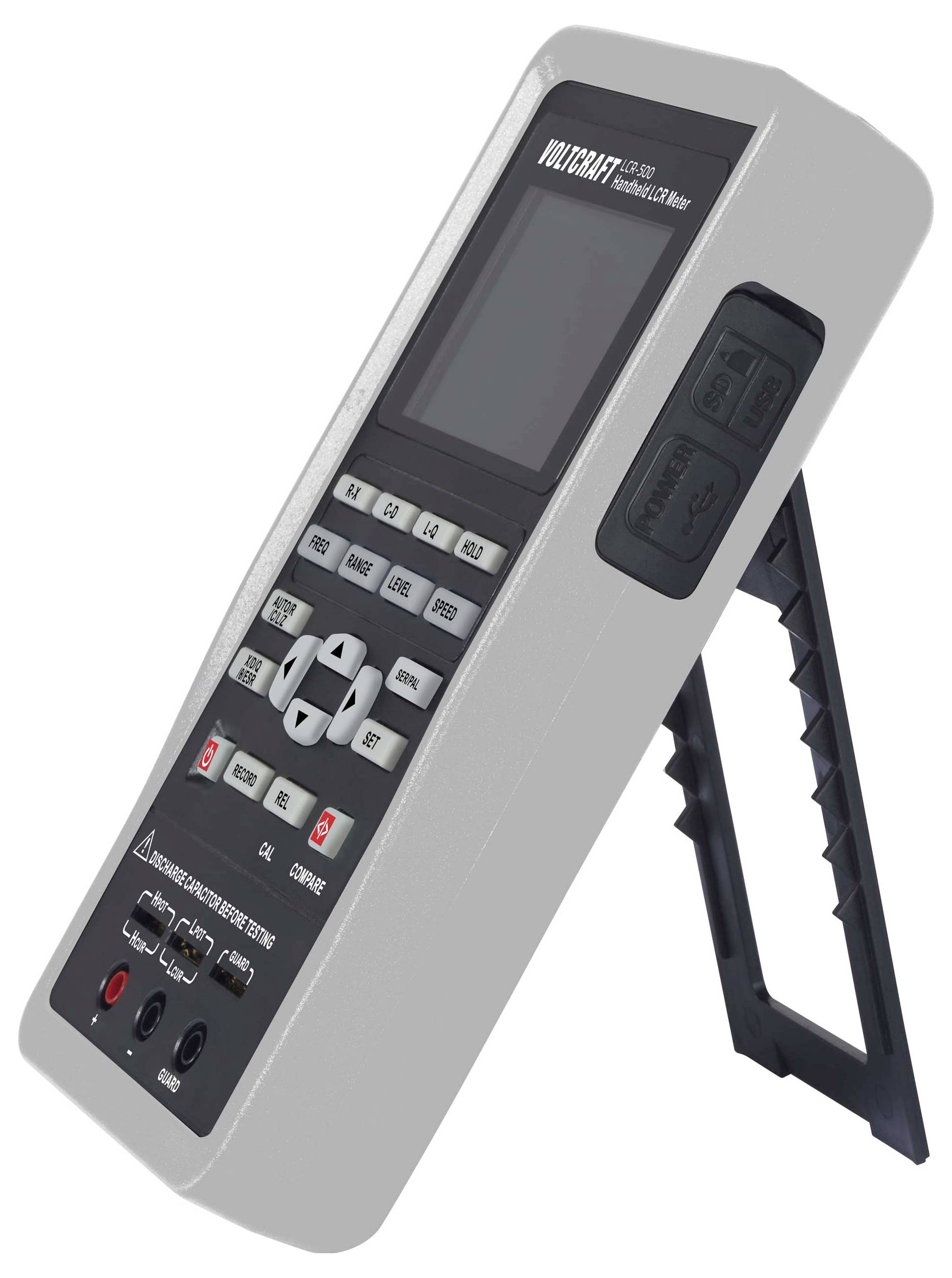 Portable electronic device with a screen and buttons, angled on a fold-out stand, likely a measuring instrument.