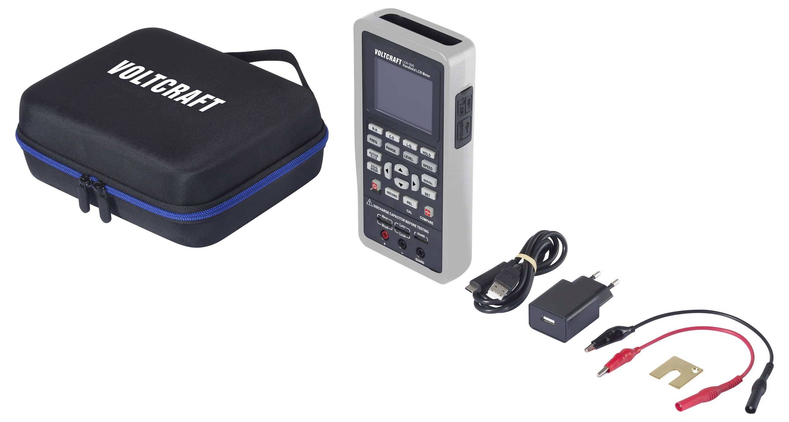 Electronic measuring device with screen and keypad, charger, cable and case. Accessories for precise electrical measurements.(Note: This translation is already essentially in British English and does not require significant changes.)