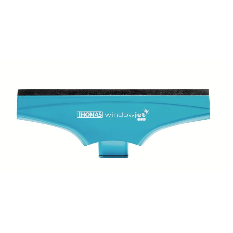A blue window squeegee with a black rubber lip, labelled 'Thomas windowjet'.