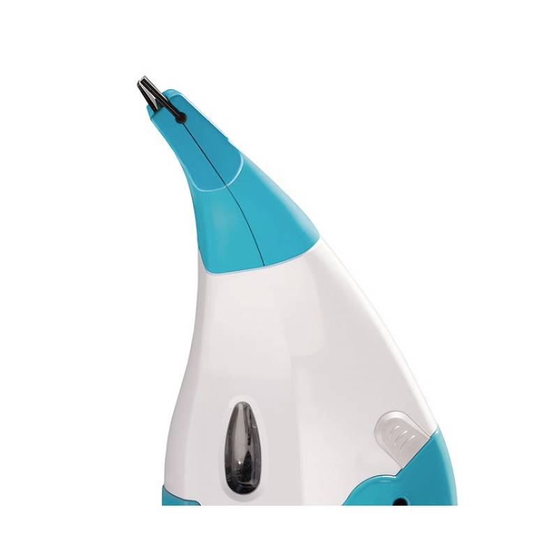 Portable electric steam cleaner with blue and white plastic casing and black nozzle attachment for cleaning surfaces.