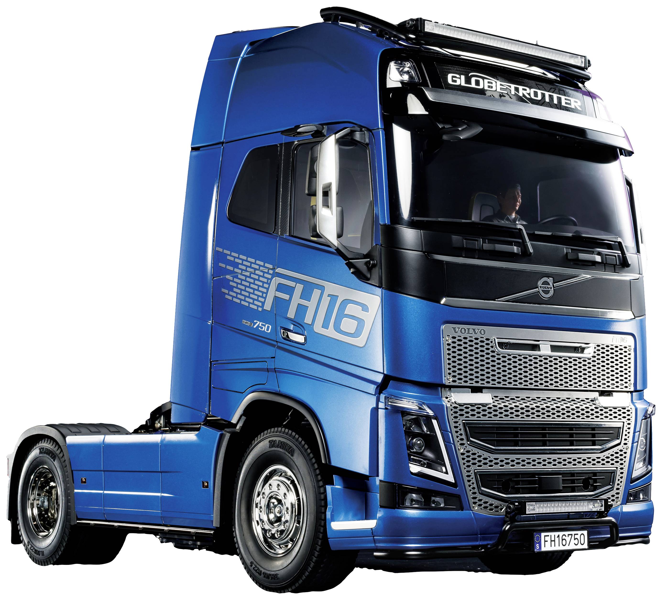 A blue lorry without a trailer, model 'FH16 Globetrotter', stands upright. It displays distinctive details and a modern design.