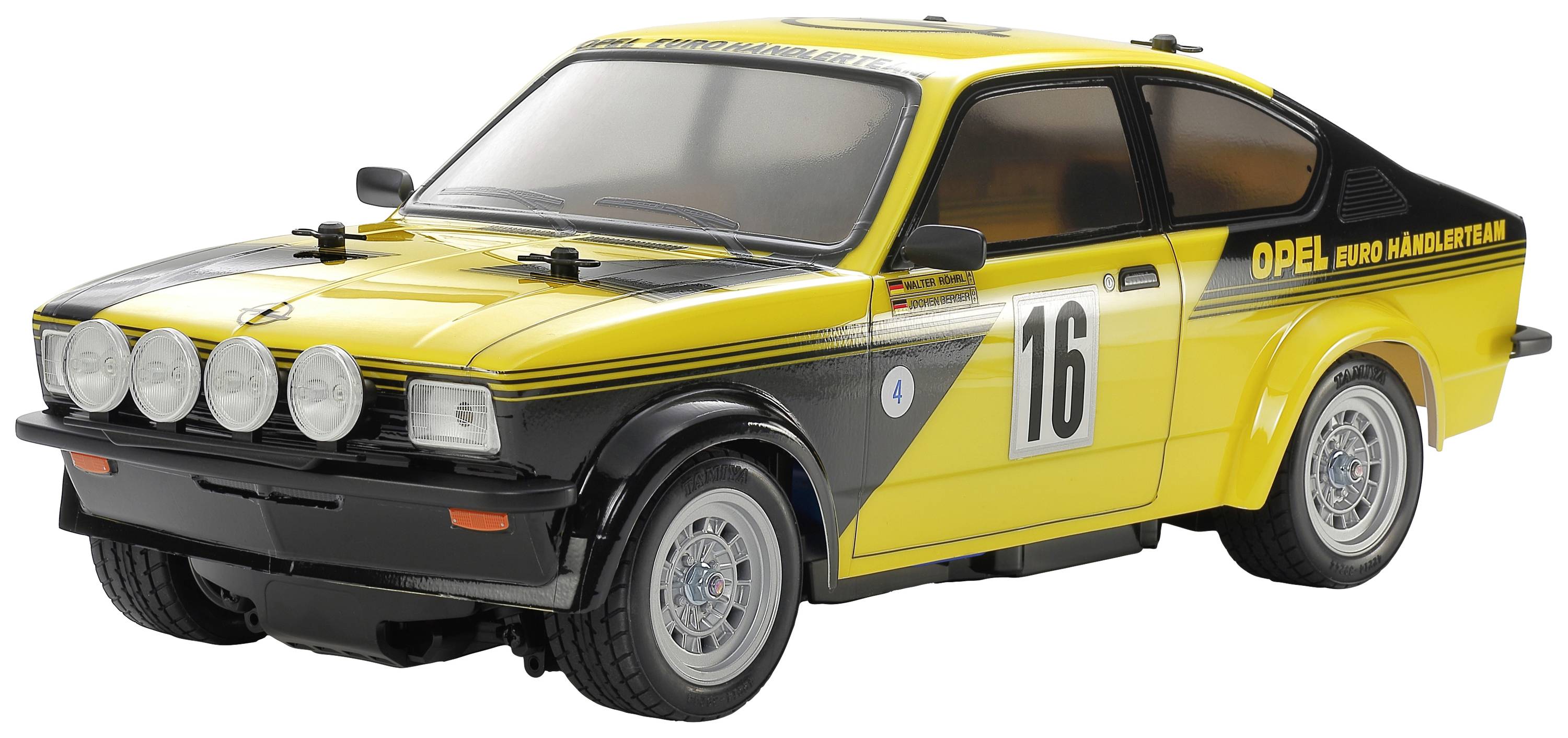 Yellow model car in rally style, number 16, with black details and additional headlights. Opel logo on the side.