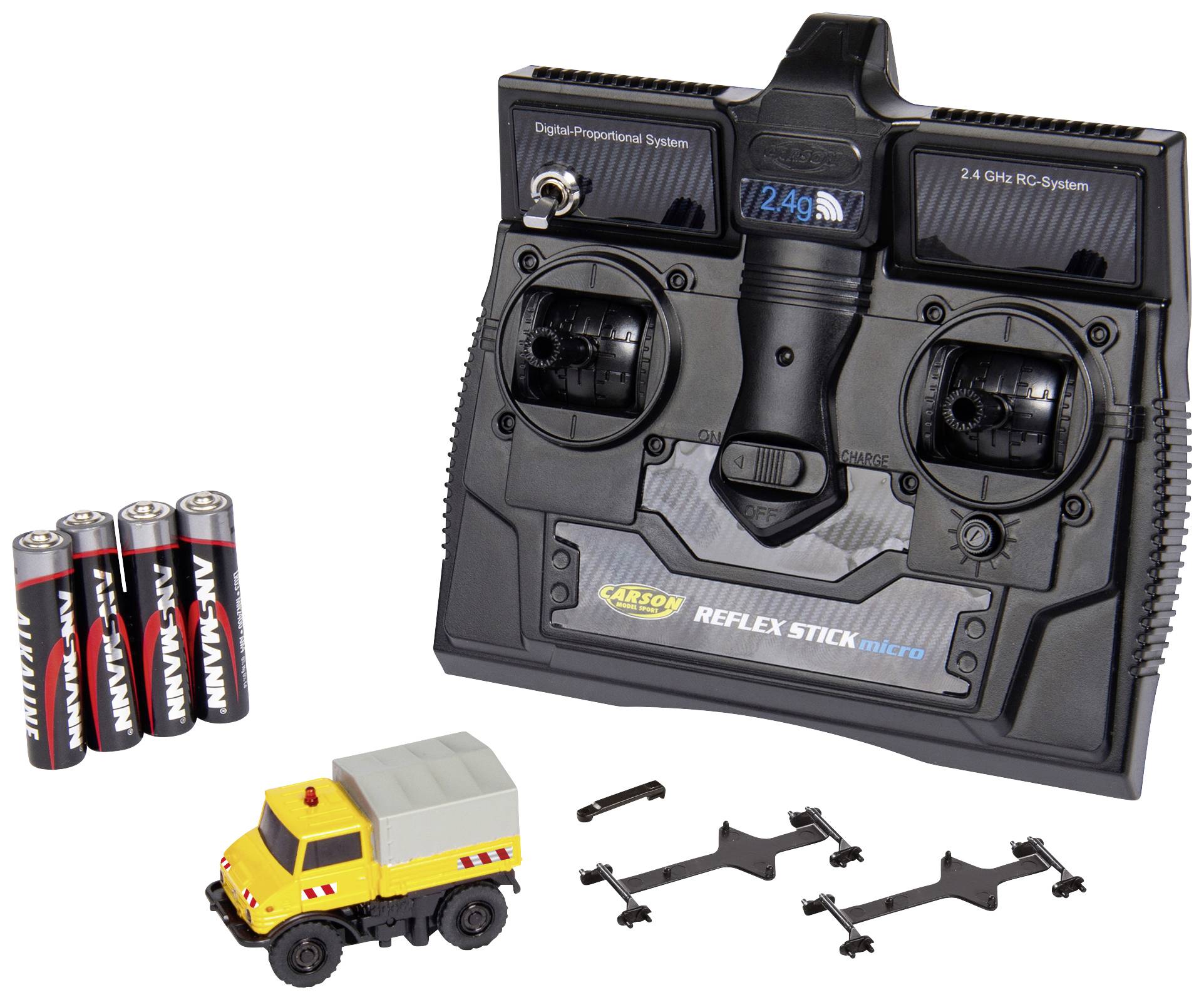 Remote-controlled toy with batteries, yellow toy lorry and accessory mounts. Suitable for model body control.