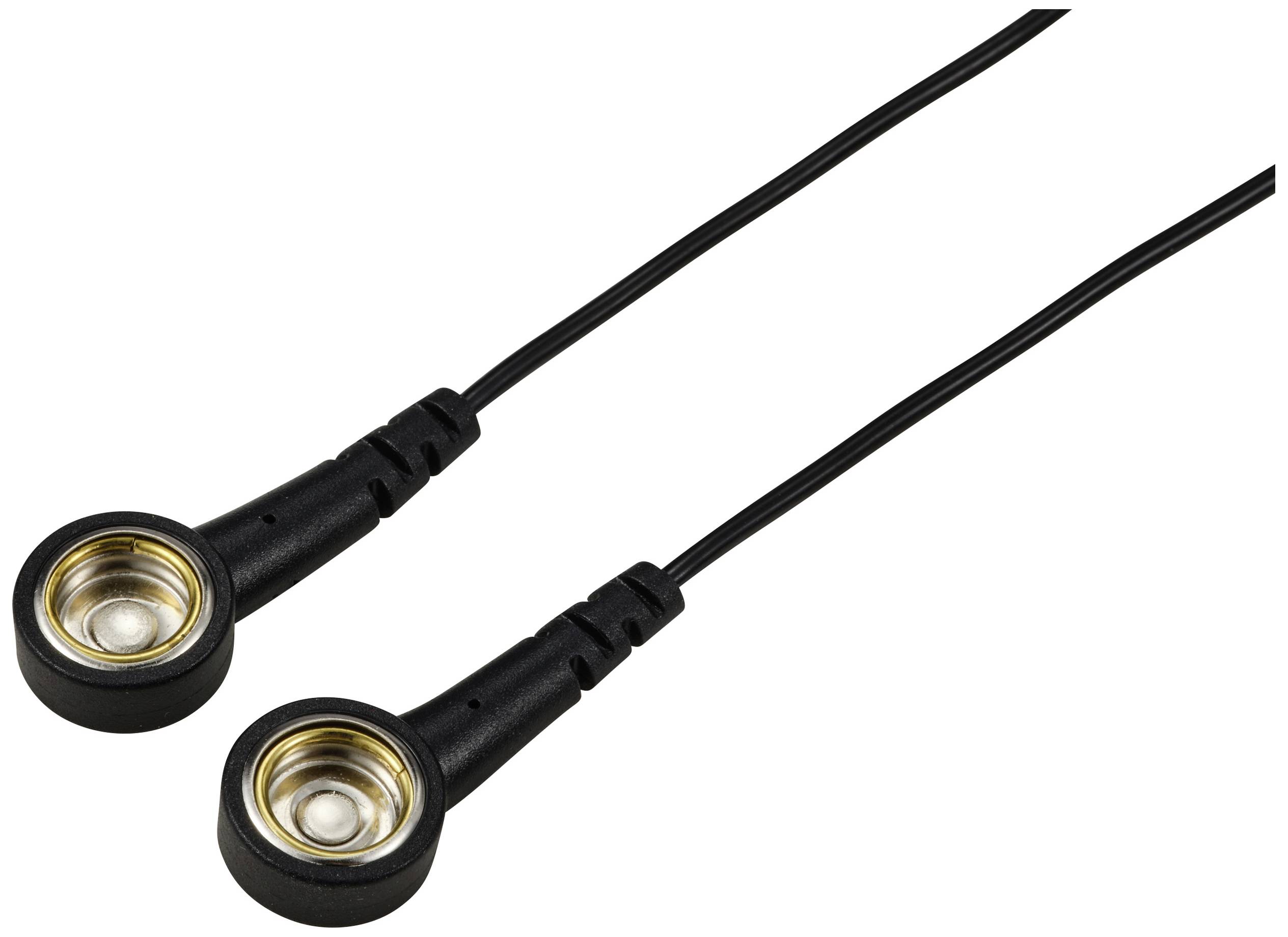 Two black, round magnetic sensors with gold-coloured contacts and cables are shown. They are designed for electrical connections.