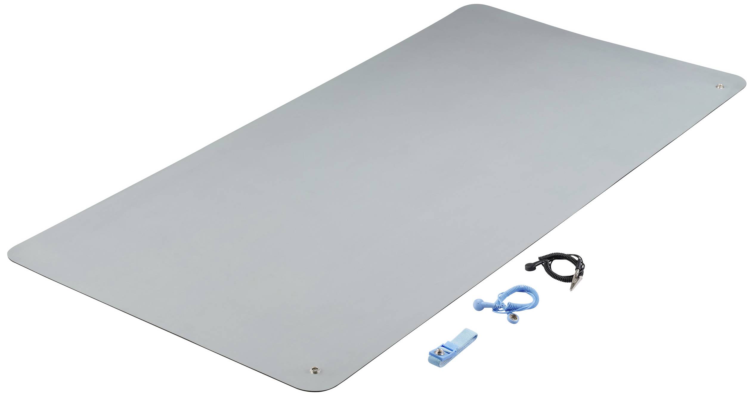 Grey yoga or fitness mat with accessories: blue clip, cable, and small blue roller. Perfect for home workout activities.
