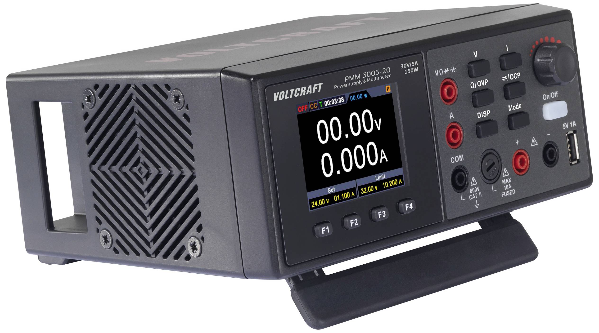 A digital voltmeter device with a display shows '0.00V' and '0.00A'. It has various control buttons and connections.