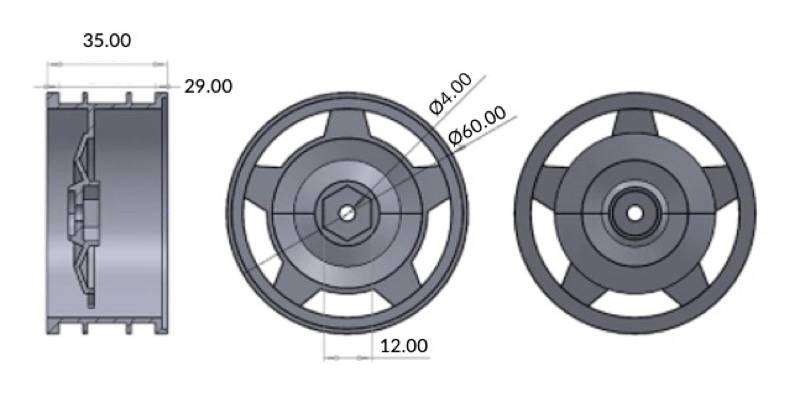 Technical Drawing of a Wheel with Dimensions: Diameter 60 mm, Bore Diameter 4 mm, Width 35 mm, Distances 12 mm and 29 mm.