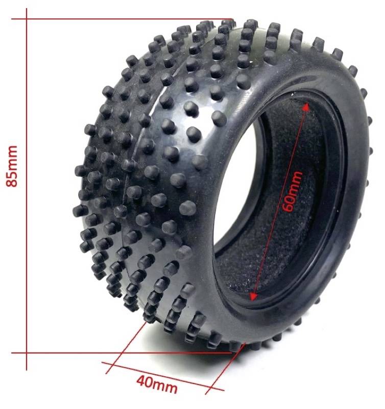 A black tyre with studs, 85 mm high, 40 mm wide; internal diameter 60 mm. Suitable for toys or model vehicles.
