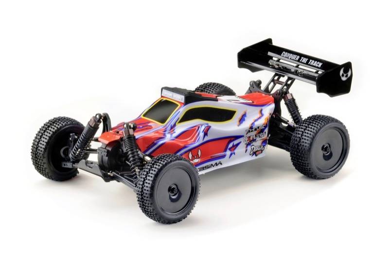 Remote-controlled car with red and blue design, large wheels, and rear spoiler. Racing car style, suitable for off-road racing.