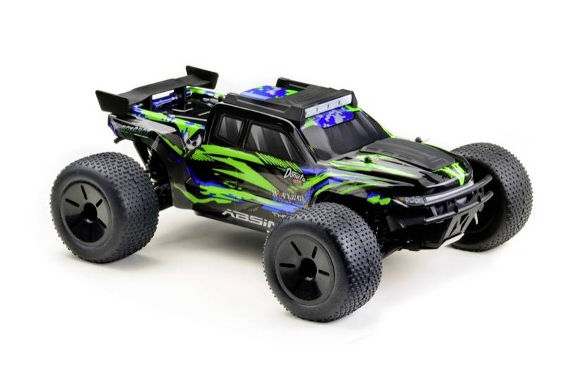 A remote-controlled car with a green-black design and blue accents is standing on a white background.