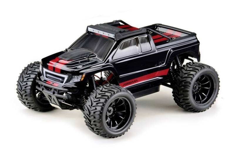 A black toy monster truck with red decorative stripes and large, detailed off-road tyres.