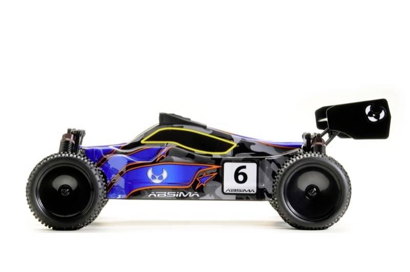 A remote-controlled car in side view, colourful with the number 6, shows sporty design and large, black tyres.