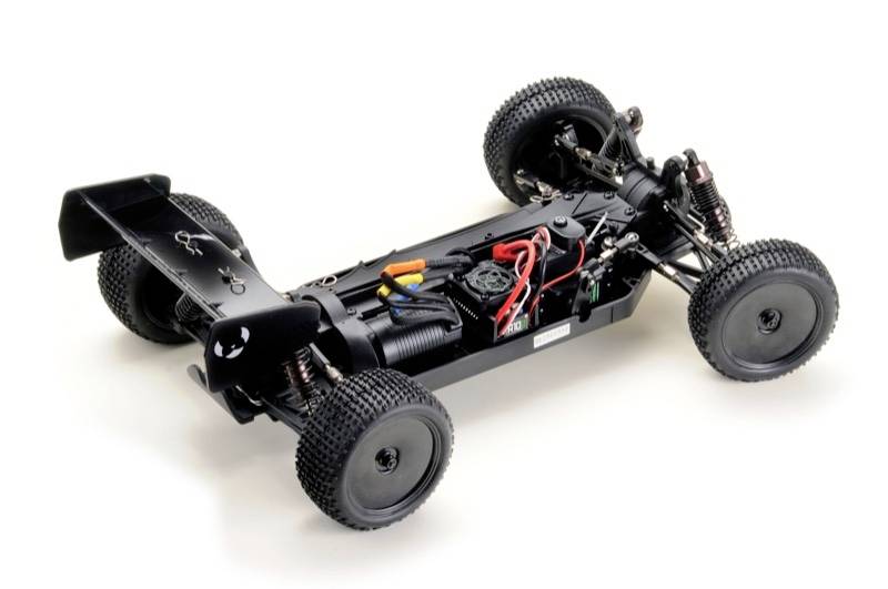 Remote-controlled car chassis without bodywork, with visible integrated electronics and tyres.