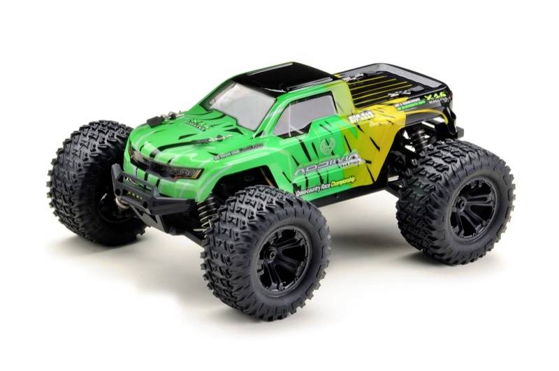 A remote-controlled car with a green-yellow bodywork, large tyres, and robust design.