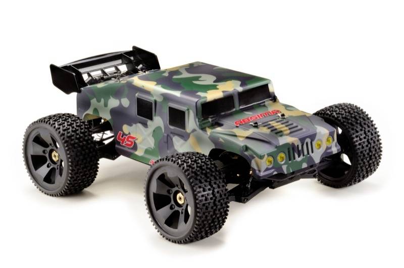 Small remote-controlled toy car in camouflage design on white background.