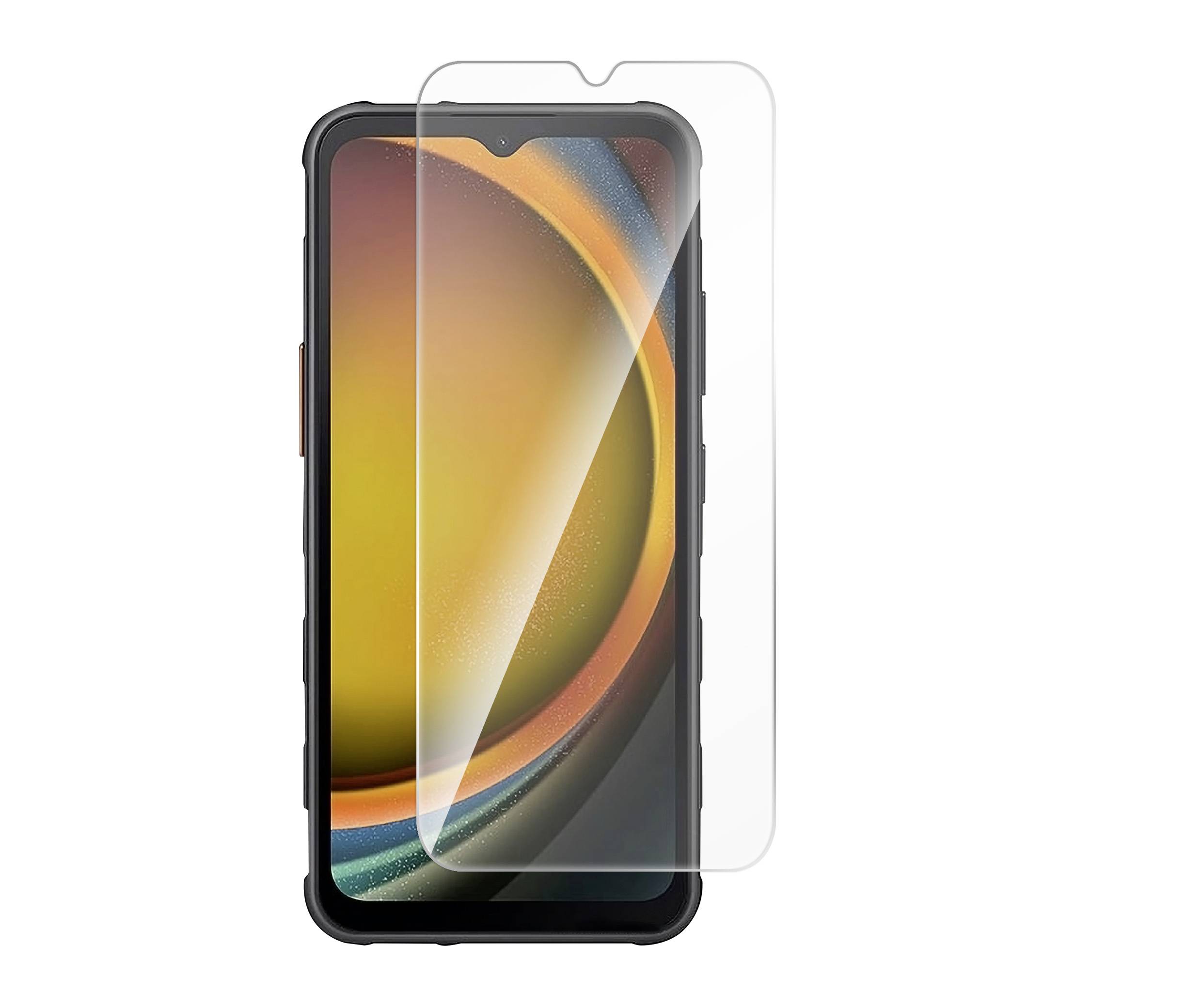 Smartphone with a black casing and a display covered by a transparent protective film.